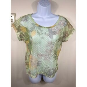 VTG Y2K Collezione Mesh Top Women L 10/12 Green Floral Polka Dot Sheer S/S Fairy